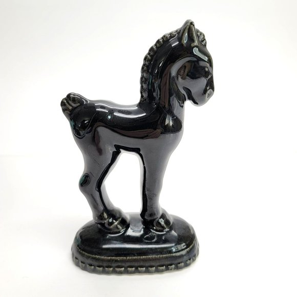 Black Glossy Trojan Horse Figurine Vintage Statue Glossy Repaired PR325 - Picture 5 of 8